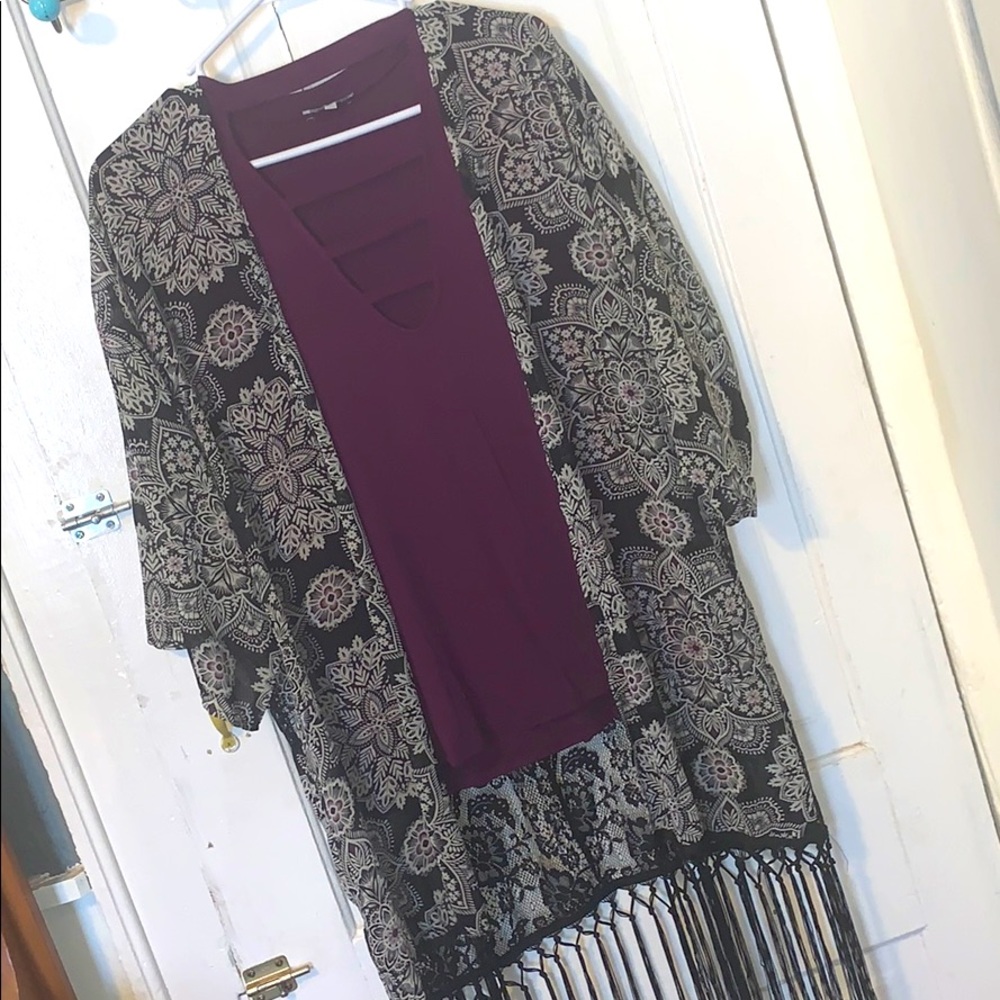 Plum Top with cutouts AND black floral kimono